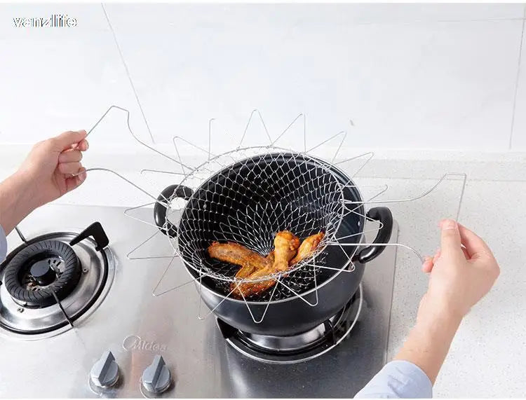 vanzlife stainless steel deep-fried large noodle kitchen French fries tools drain basket Household leak net spoon folding filter
