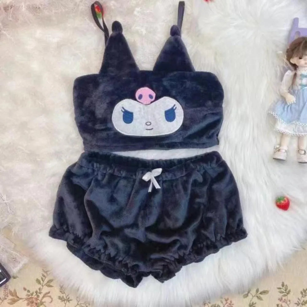 New cute cartoon devil angel big-eared dog cat sexy pajamas hot girls flannel cartoon fluffy suspenders pajamas shorts set girl