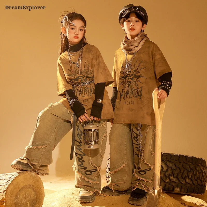 Boys Wasteland Punk Street Dance Sweatshirt Jeans Pants Girls Hip Hop Clothes Sets Kids Jazz Stage Costumes Children Streetwear