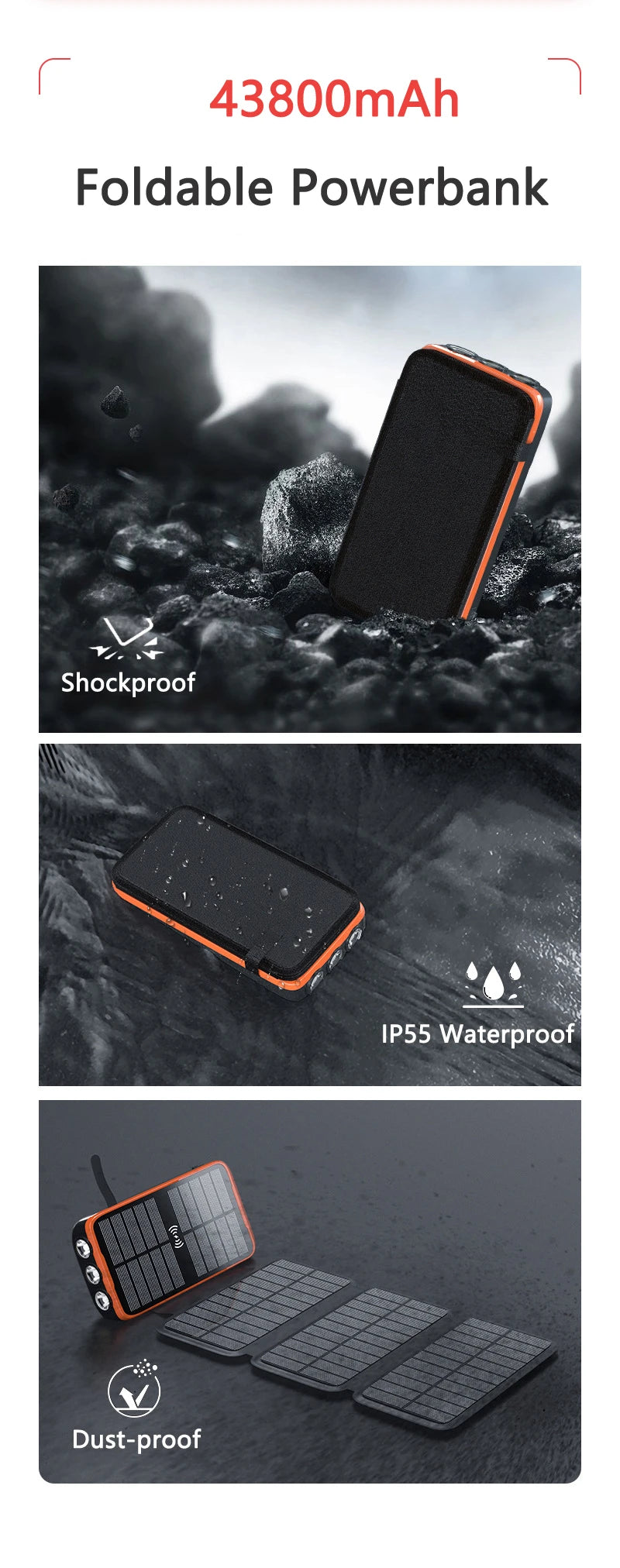 43800mAh Solar Power Bank Quick Wireless Charger External Battery Pack PD 20W Powerbank Built Cables LED Light for iPhone Xiaomi
