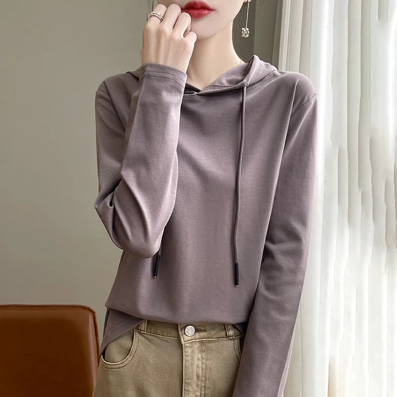Spring Summer 100% Mercerized Cotton Hoodie Women Loose Straight Tops Simple Casual sweatshirt For Minimalist 2025