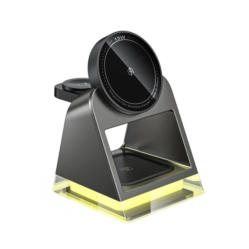 3 in 1 LED Light Magnetic Wireless Charger for iPhone 15 14 13 12 Pro Max iWatch 8 7 Airprods Pro Fast Wireless Charging Station