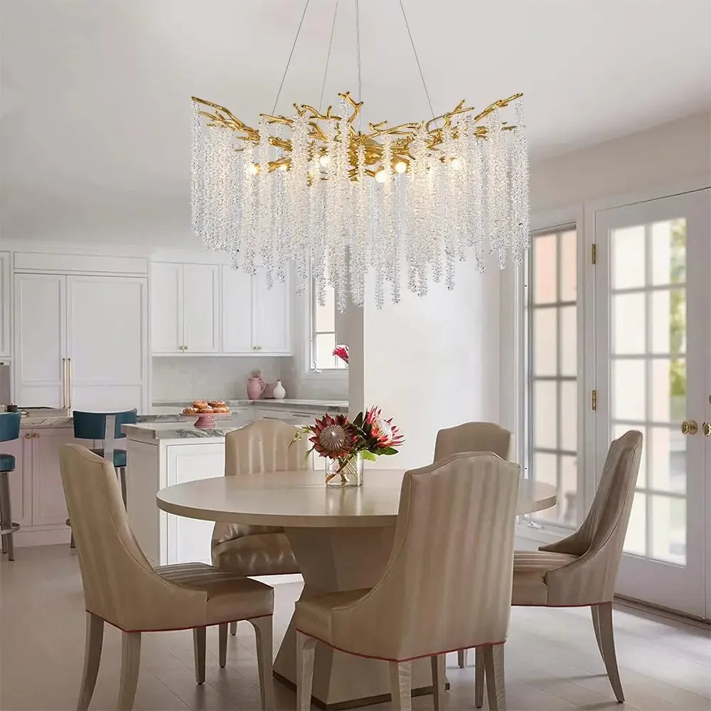Artpad Luxury Round Crystal Chandelier Dining Room Bedroom Branch Crystal Hanging Pendant Chandelier for Kitchen Living Room