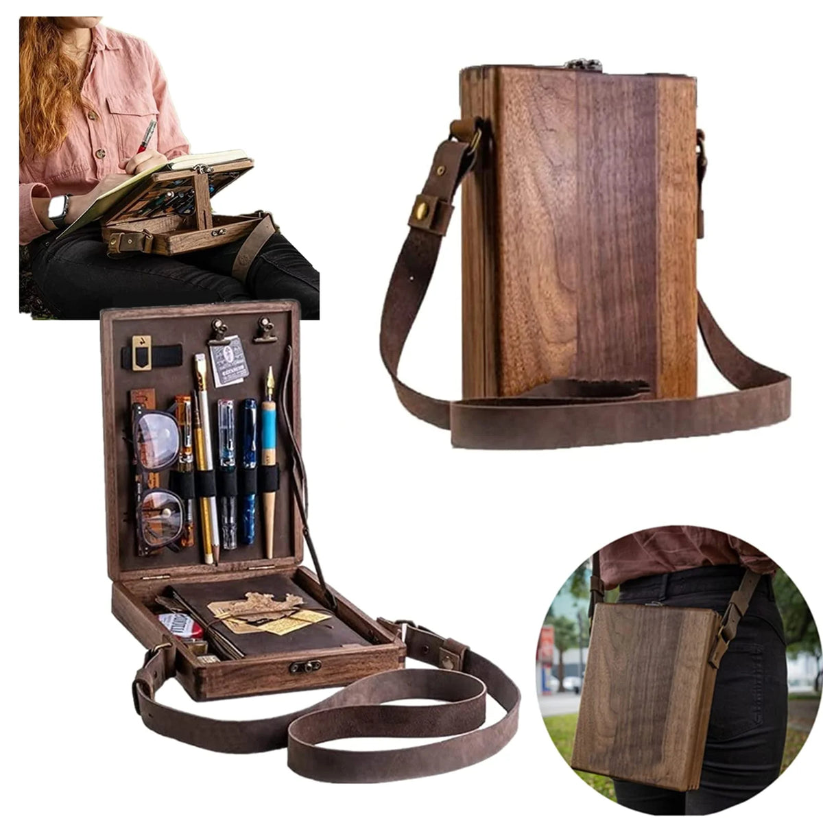 Pen Holder Wooden Desk Organizer Box Portable Stationery Storage