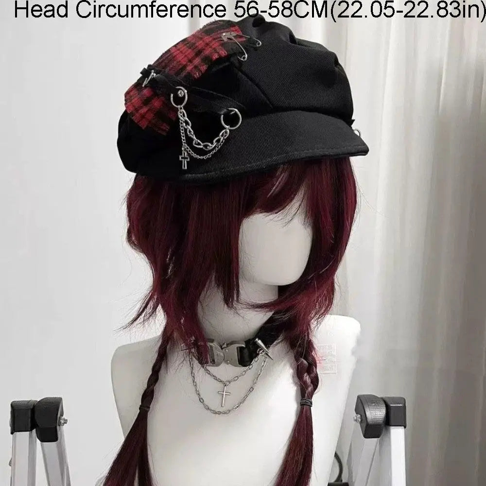 Sweet Rabbit Ears Plaid Beret Hat Irregular Thin Brim - Style A Red