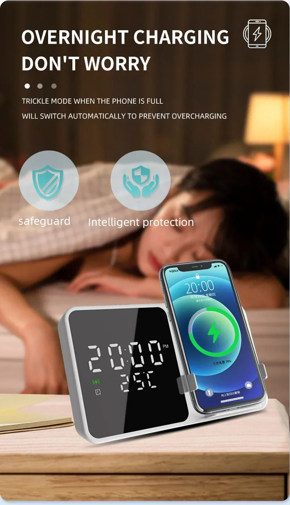 Wireless Charger Pad Stand with Alarm Clock Thermometer for iPhone 14 13 12 11 X Xiaomi Samsung 15W Phone Fast Charging Station