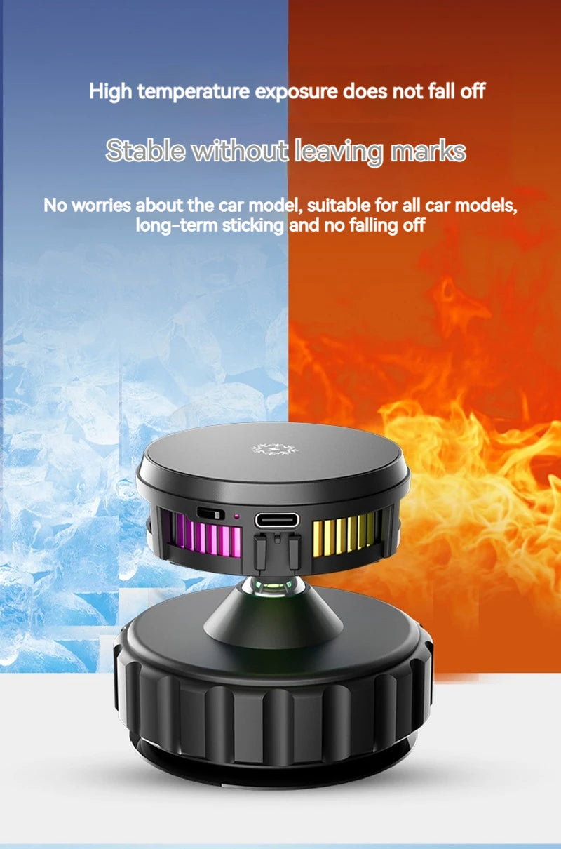 15W Car Magnetic Wireless Charger Phone Stand, Suction Cup with Semiconductor Cooling & Colorful Ambient Lights, 360° Rotatable