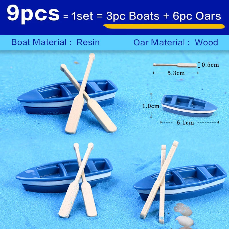 Blue Resin Boat Wood Paddles Oars Figures Decorative Figurine Diy Home Decor Mini Fairy Garden Aquarium Fish Tank Statue Craft