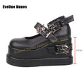 Black Faux Leather Platform Mary Janes Skull Hardware Eyelet