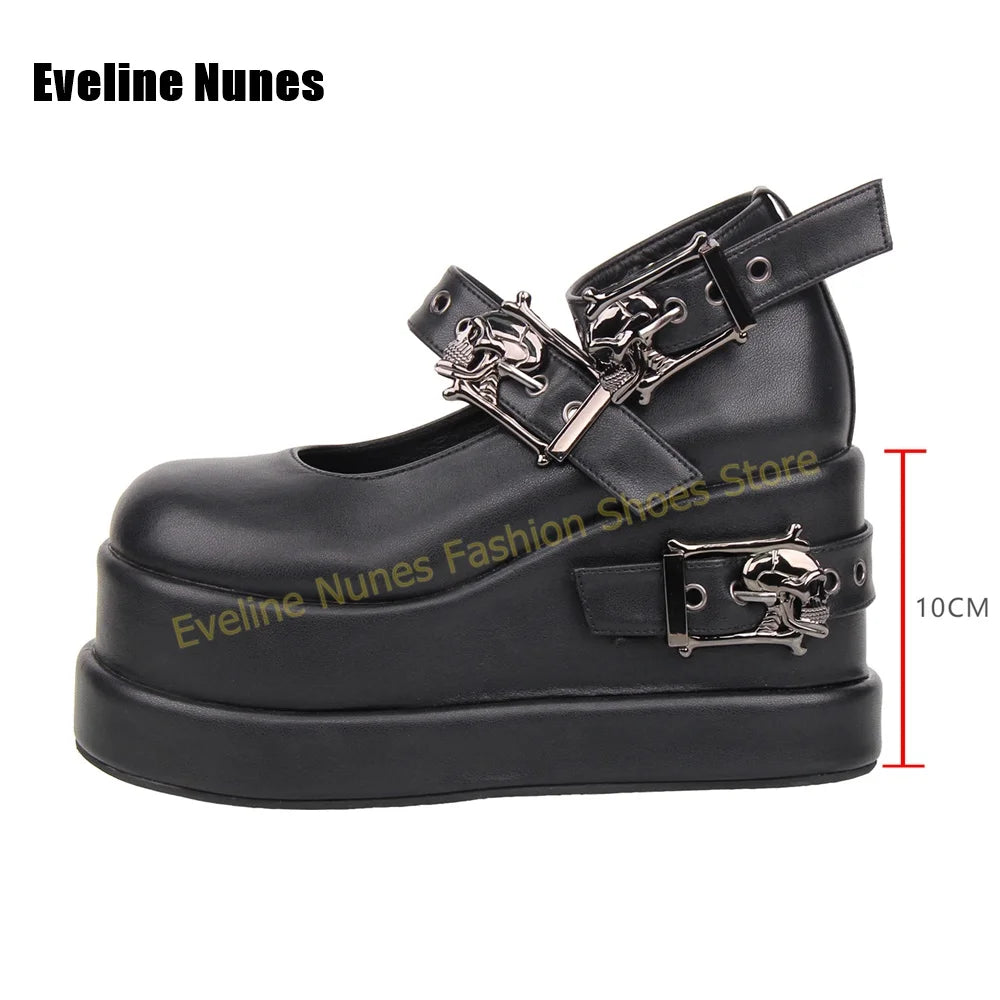 Black Faux Leather Platform Mary Janes Skull Hardware Eyelet
