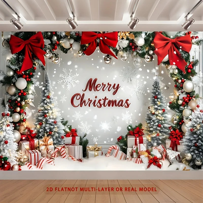 1 festive Christmas party banner with snowy landscape, decorative bow and wrapped gifts for home and room wall decoration
