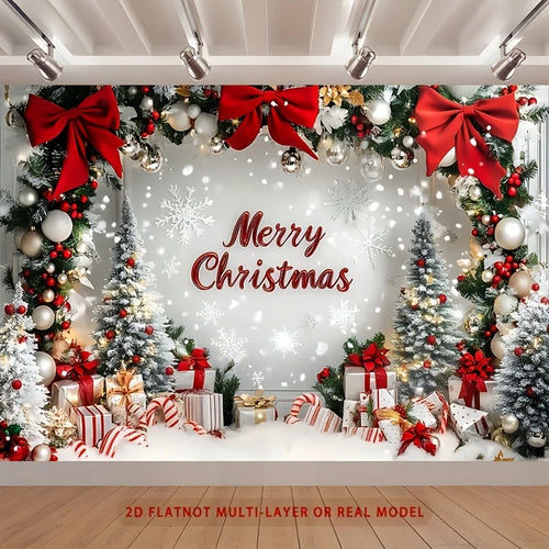 1 festive Christmas party banner with snowy landscape, decorative bow and wrapped gifts for home and room wall decoration