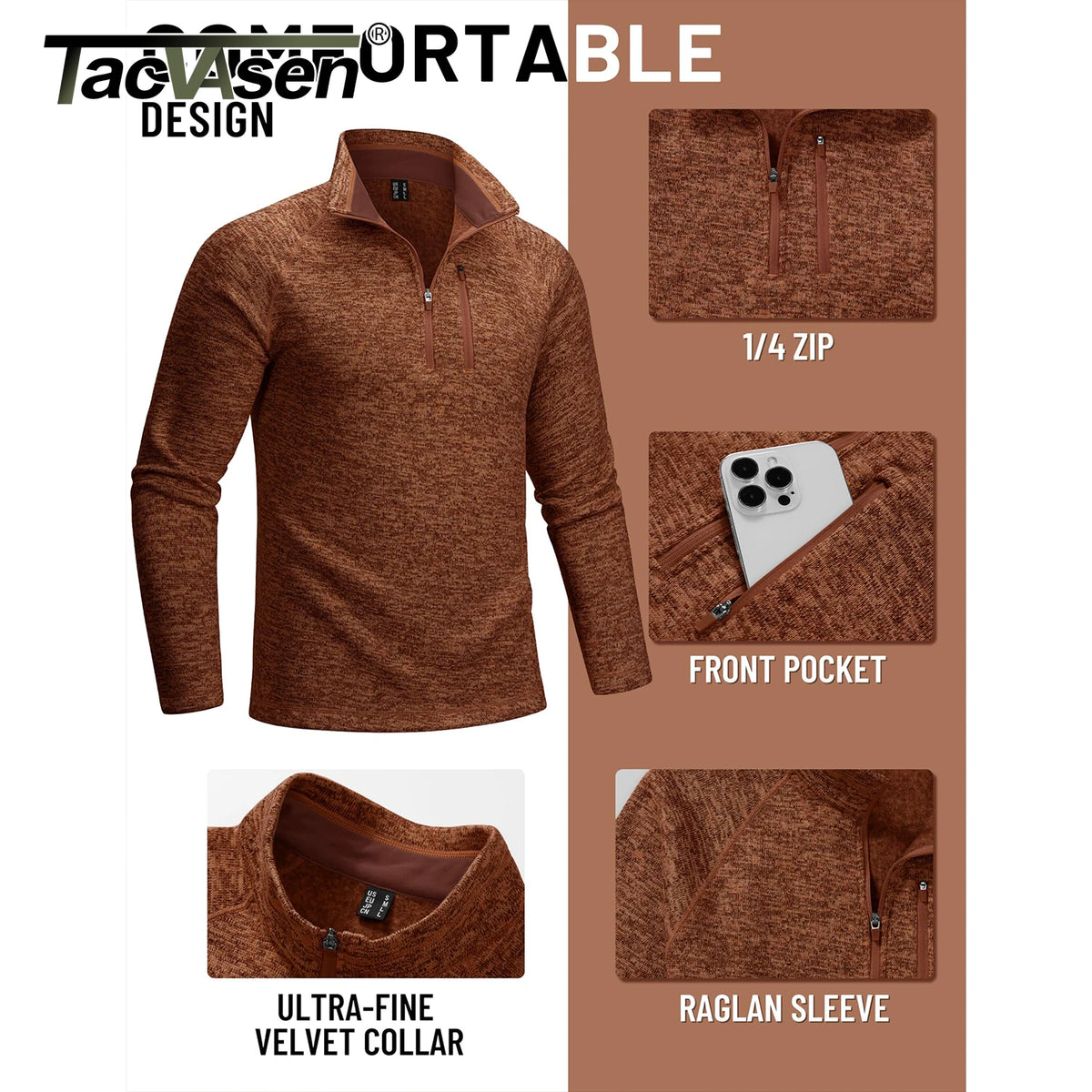 TACVASEN Men's Quarter Zip Pullover Long Sleeve Thermal Fleece Sweater Lightweight Casual Golf Sweatshirt with Zipper Pocket