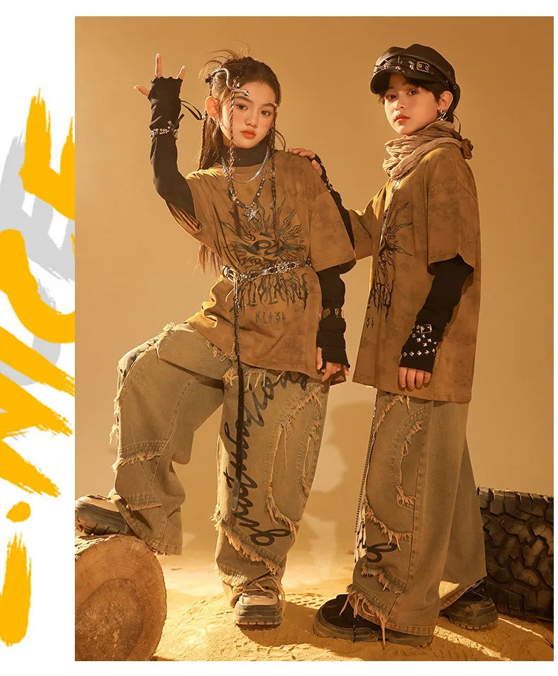 Boys Wasteland Punk Street Dance Sweatshirt Jeans Pants Girls Hip Hop Clothes Sets Kids Jazz Stage Costumes Children Streetwear