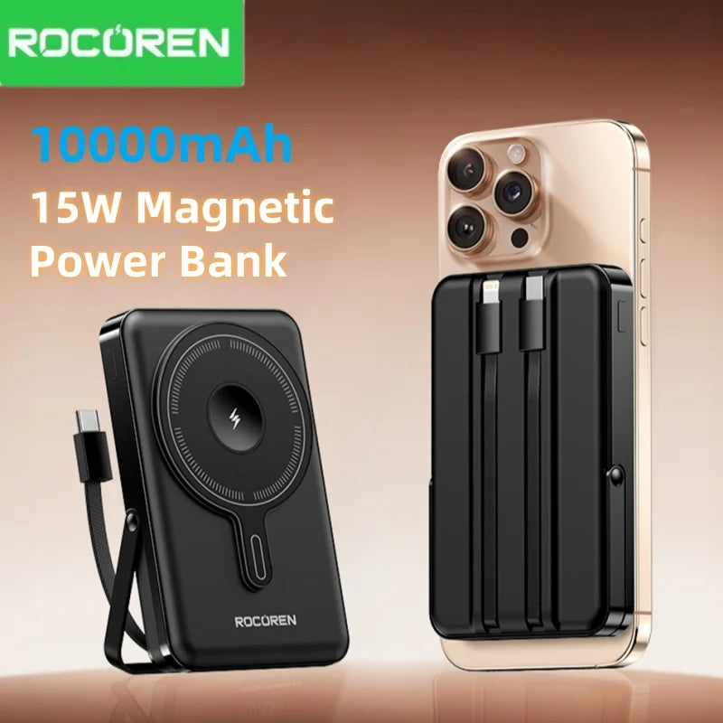 Rocoren PD 22.5W Fast Charging Power Bank 10000mAh Magnetic Wireless Charger for iPhone 16 15 14 Powerbank Built Charging Cables