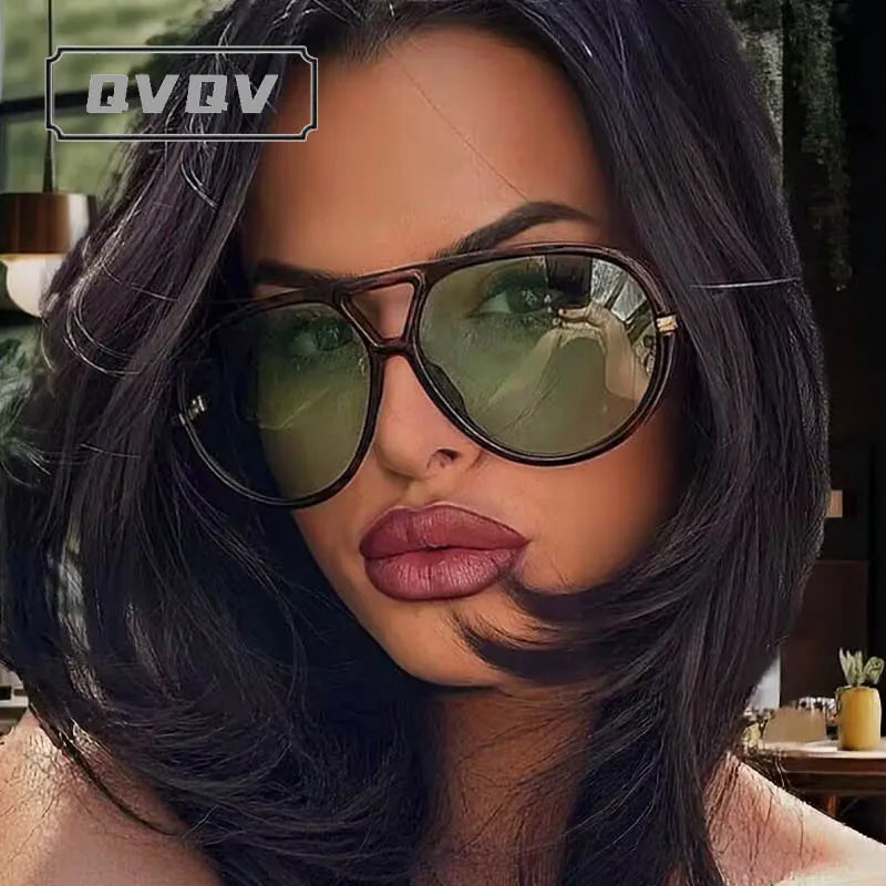 QVQV Oversized Trendy Leopard Green Sunglasses Women Summer Fashion Thick Frame Pilot Sun Glasses Luxury Brand Outdoor Shades