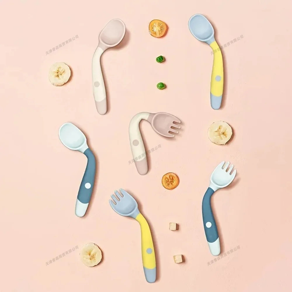 Baby Fork and Spoon Set Soft Silicone Handle Bendable Toddler Utensils Training Tableware Self Feeding Tools for Infants Kids