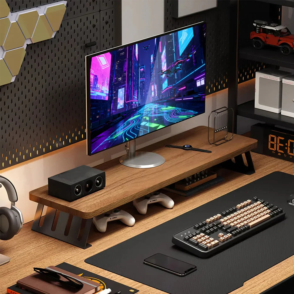 Computer monitor riser, dual-monitor desktop stand, ergonomic multi-purpose gaming desk organizer with an L-shaped wide base,