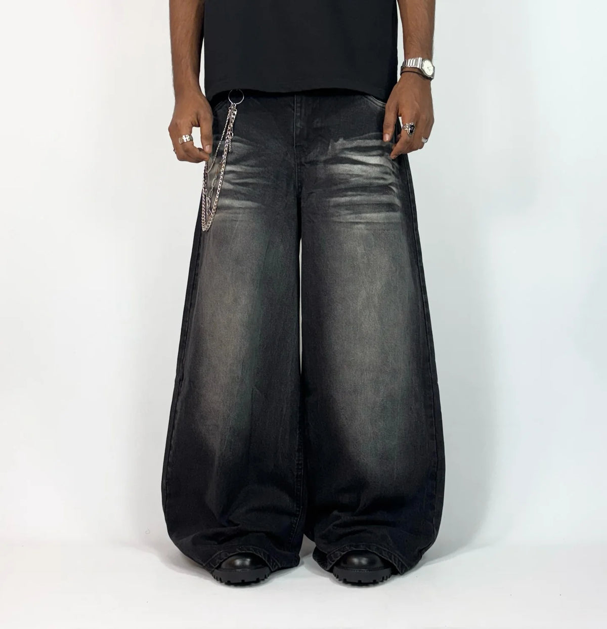 Retro Baggy Street Skateboard Jeans Y2K Punk Wide Leg Black Washed