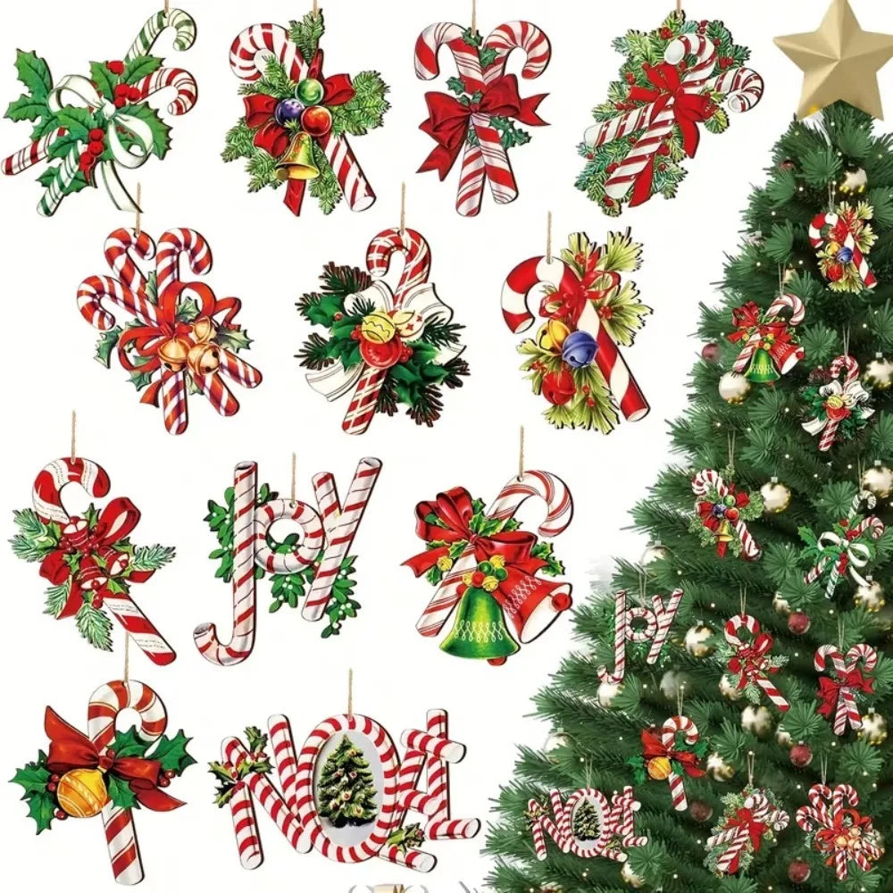 12 Pcs Wooden Christmas Tree Ornaments Cute Candy Cane Bow Bells Hanging Pendants Fun Xmas Holiday Decorations Accessories