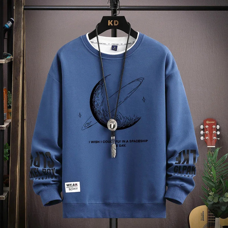Autumn Men's Sweatshirt Cool Moon Print Long Sleeve T-shirt Fashion Men's Clothing Grey O Neck Harajuku Exclusive Design Top New
