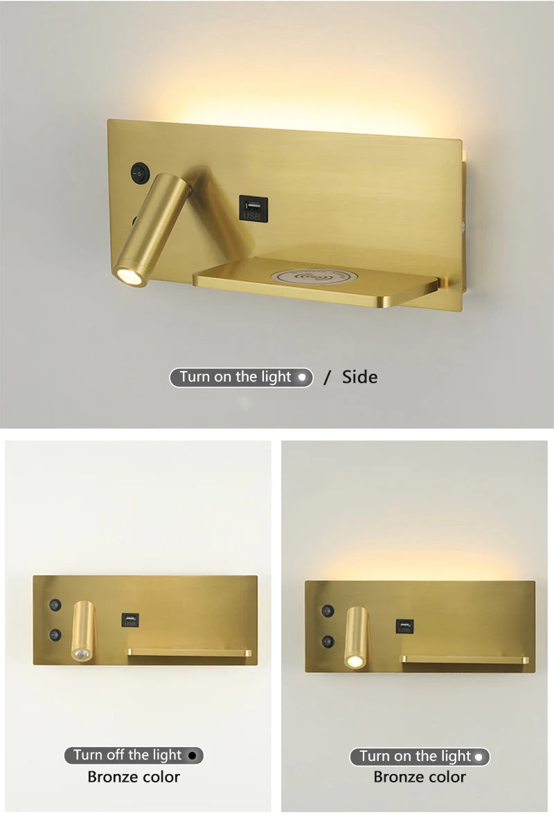 Multi Functional Wall lamp with Mobile phone Wireless charger switch USB interface Bedroom Night light LED Reading wall light