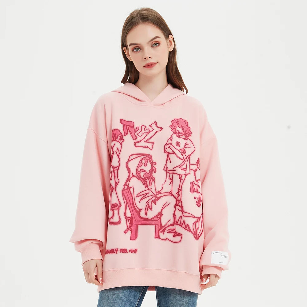 2025 Men Streetwear Pink Hoodie Sweatshirt Funny Cartoon Graphic Hoodie Autumn Harajuku Anime Hooded Pullover Hip Hop Hipster