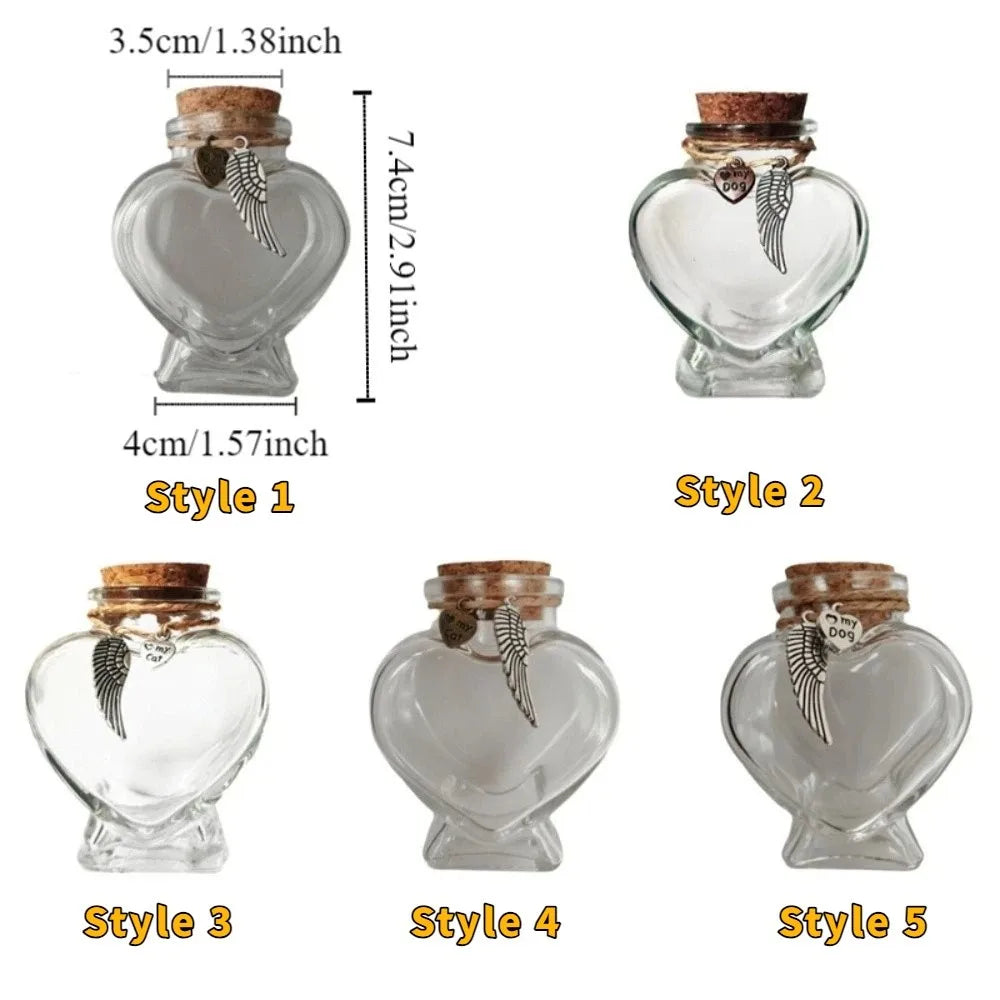 Heart-Shaped Pet Hair Storage Bottle Glass Corked Lid Cat Funeral Urn Transparent Pet Fur Keepsake Jar Pet Cremation