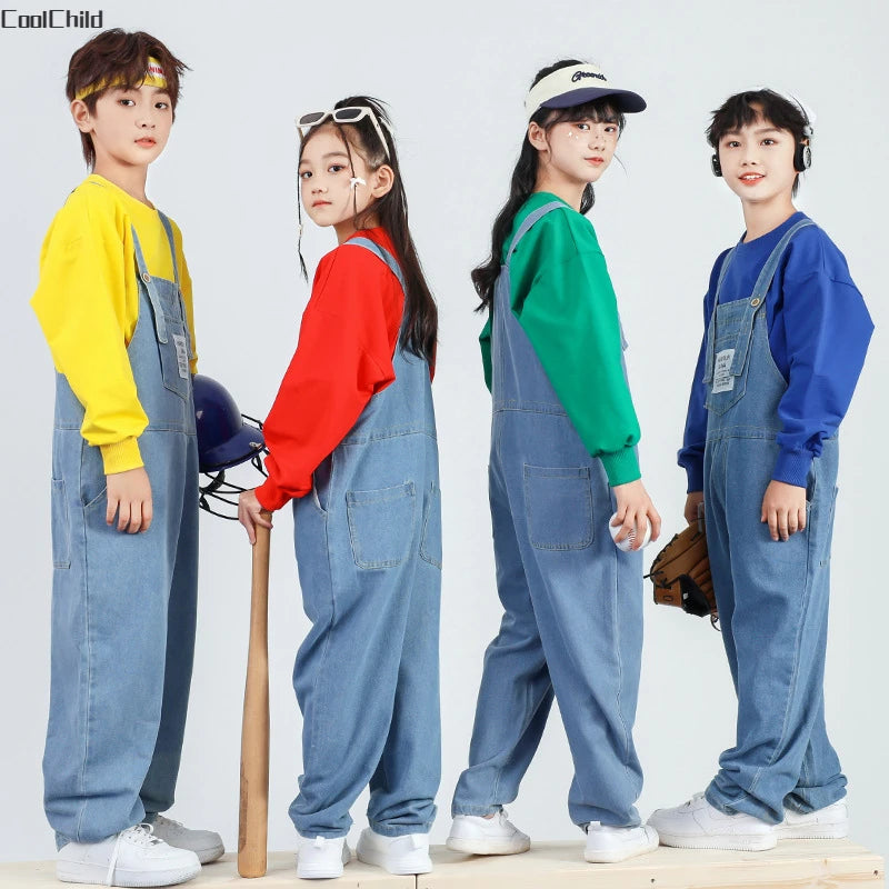 Boys Hip Hop Solid Sweatshirt Denim Loose Overalls Girls Crop Top Kids Dungaree Child Jumpsuit Street Dance Romper Streetwear