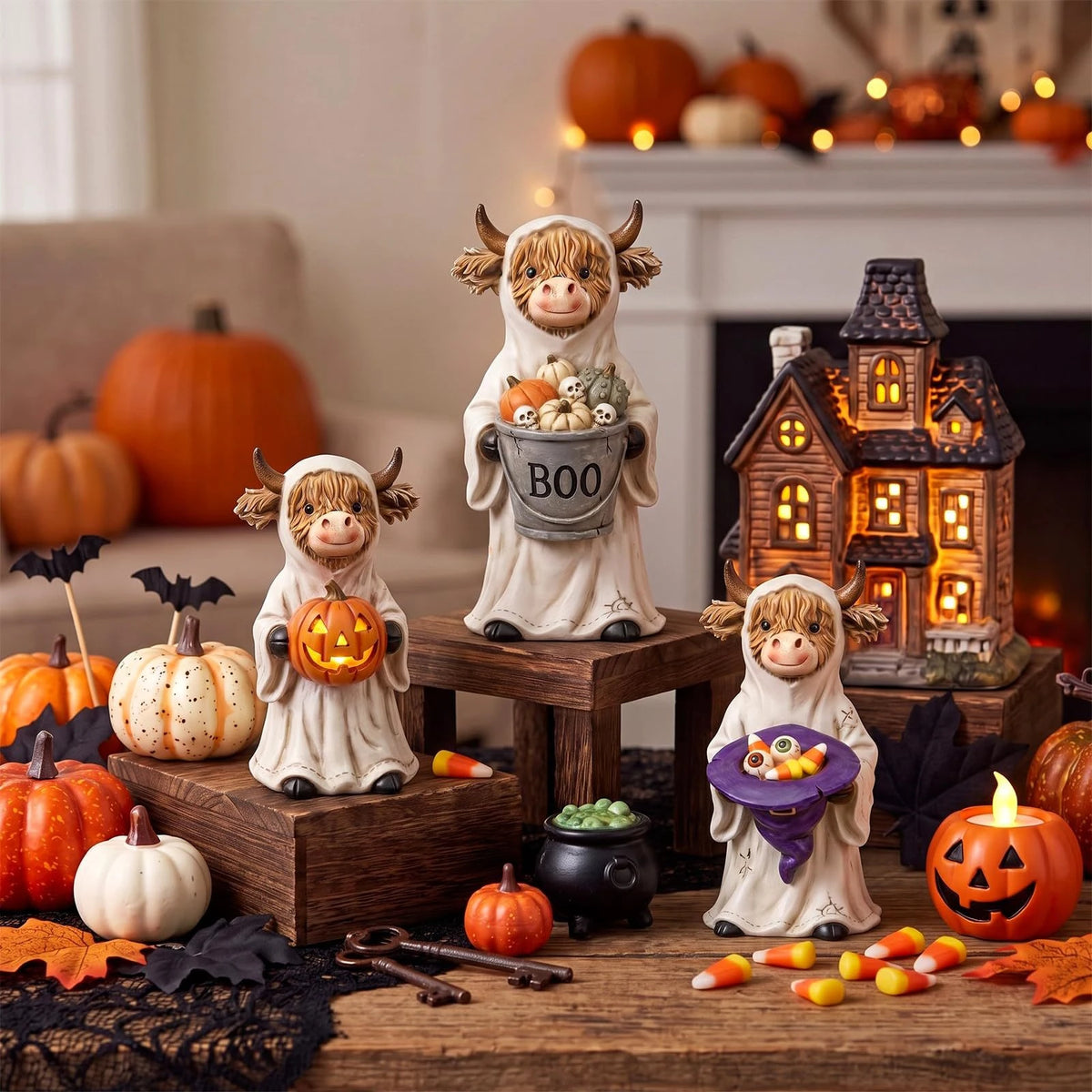 3 Halloween Highland Cow Statues, Cute Ghost Decorations, Hooded and Mummy Cow Statues with Pumpkin Decorations, for Layered Trays, Shelves, Tabletops, and Fireplace Decorations