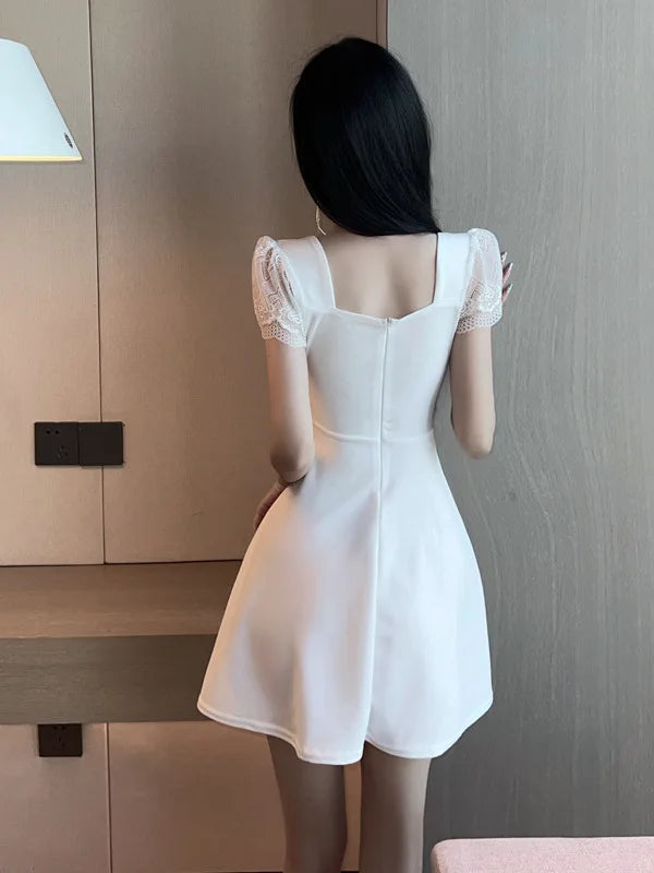 2023 Summer Women's Sexy Mature Lace spliced Short Sleeve Deep V Low cut Fashion Waist retraction Solid color A-line Dress 2ZW6