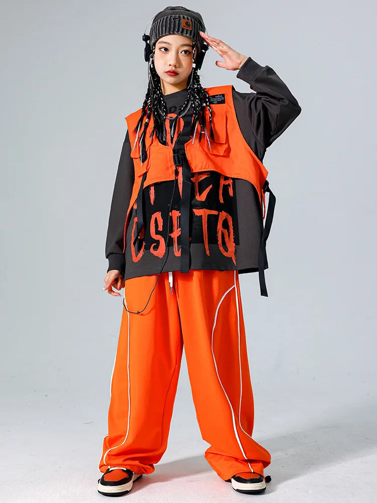 Boys Hip Hop Cool Sweatshirt Vest Cargo Pants Girls Fashion Jazz Street Dance Costume Children Clothes Set Kids K-pop Streetwear
