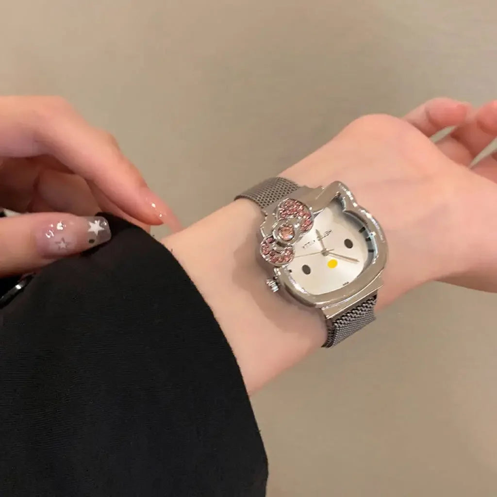 Sanrio Anime Hello Kitty Bow Set Diamond Watch Fashion Quartz Watch Cute Cartoon Magnet Small Dial Watch Girl Birthday Gift