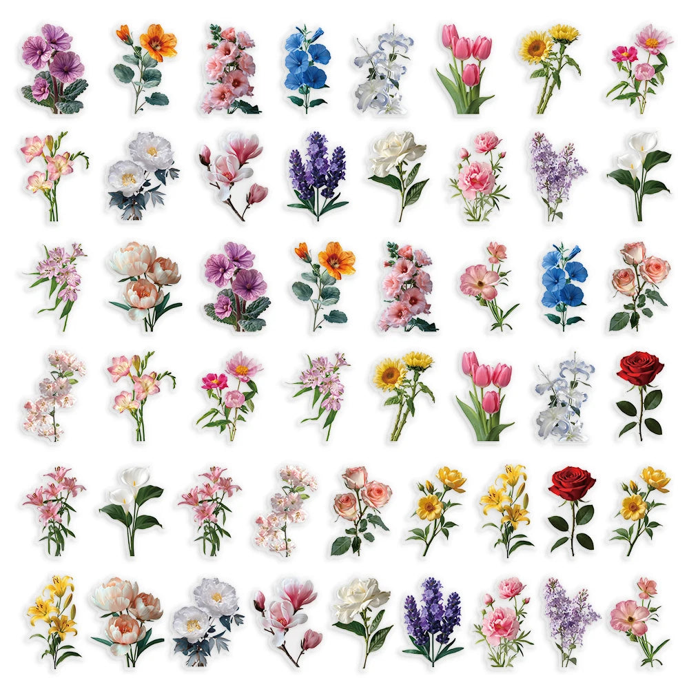50Pcs Ink Flower Stickers DIY Phone Case Material Handbook Water Cup Plant Transparent PET Stickers