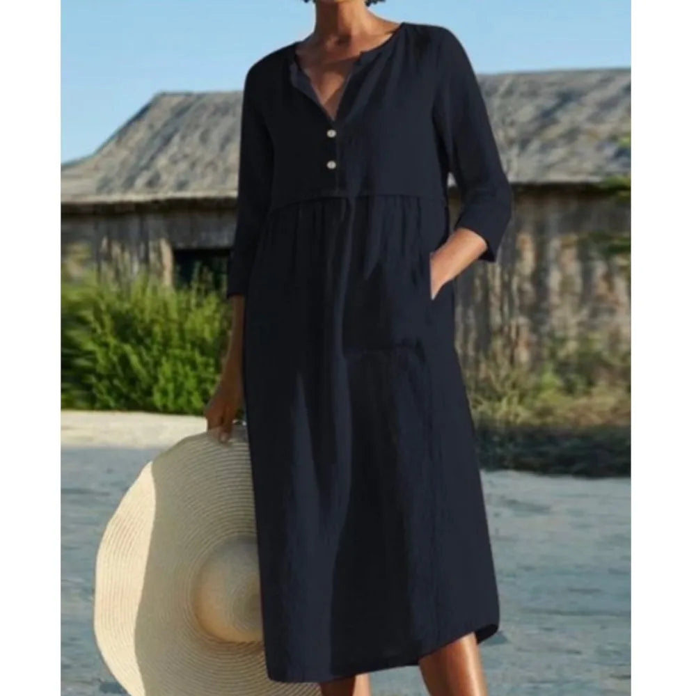 Cotton Linen Dress For Spring Summer Women's New Casual Cotton Round Neck Button Pocket Mid Sleeve Solid Color Dress