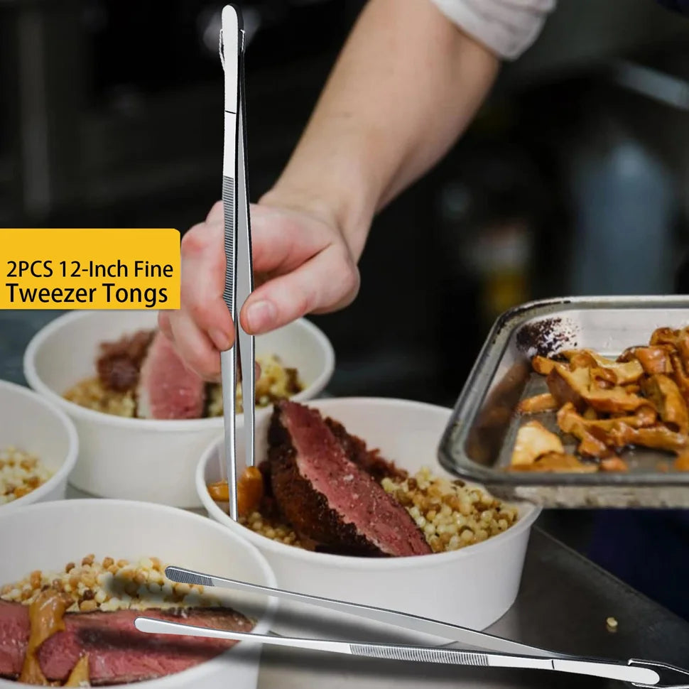 12inch Kitchen Tweezers Fine Tweezer Tongs Extra-Long Stainless Steel Cooking Tweezers for Kitchen Food Cooking Sea Food and BBQ