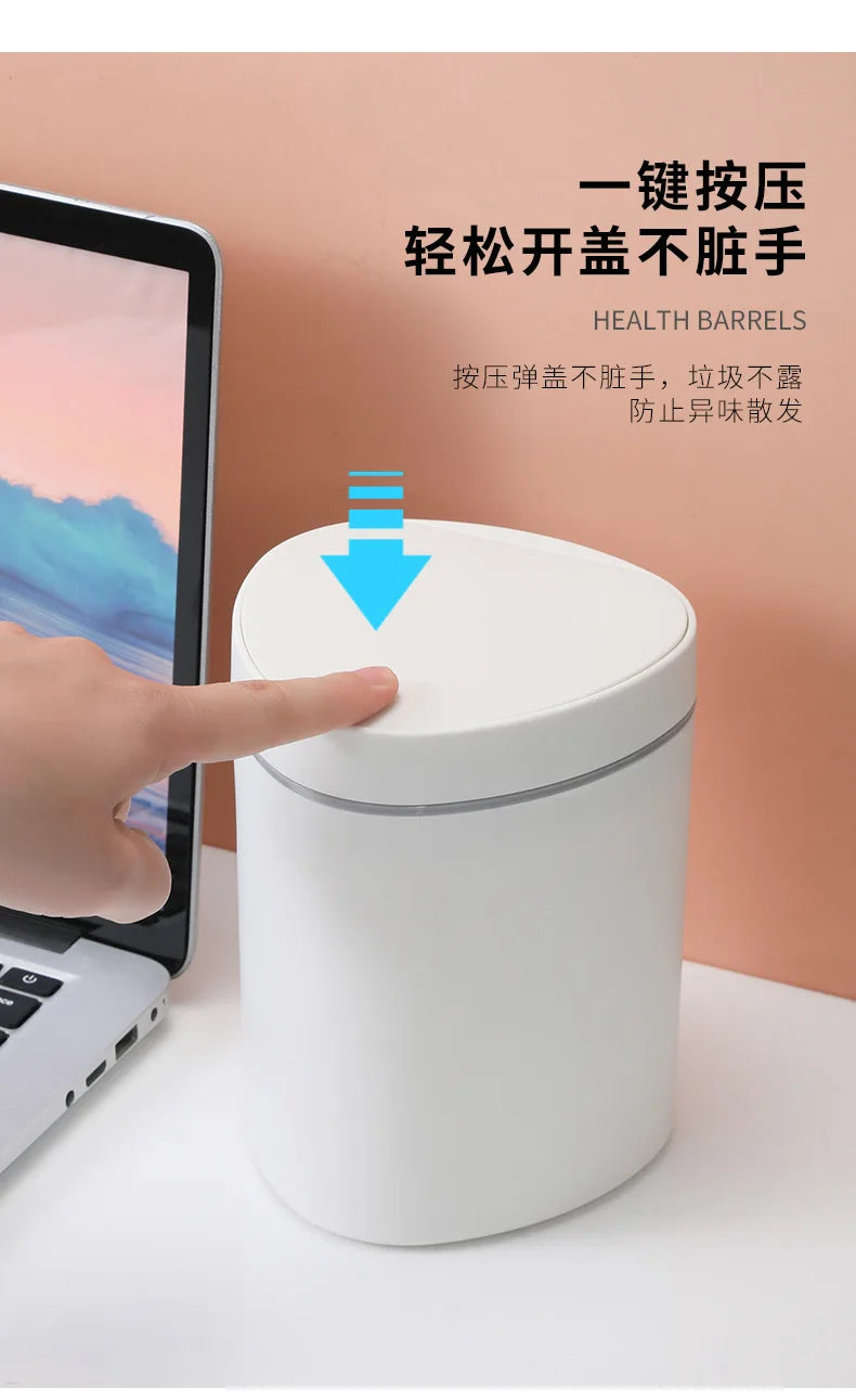 Small Trash Can with Lid Plastic Press Type Step On Wastebasket for Office Dorm Bedroom Bathroom Kitchen Car Desktop