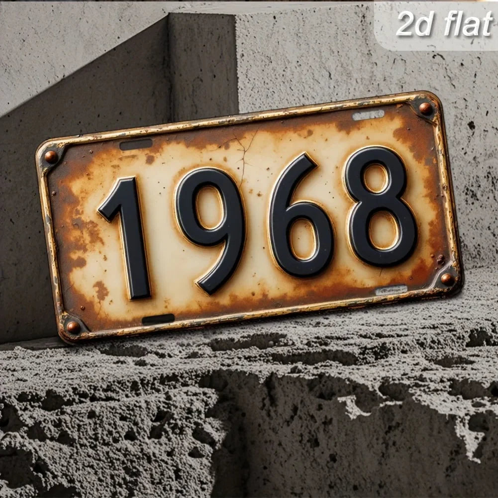 [Retro Iron Wall Sign] 2D Flat 1968 6x12" Metal Plaque - Rustic Black Numbers, Cafe Bar Indoor-Outdoor Decor