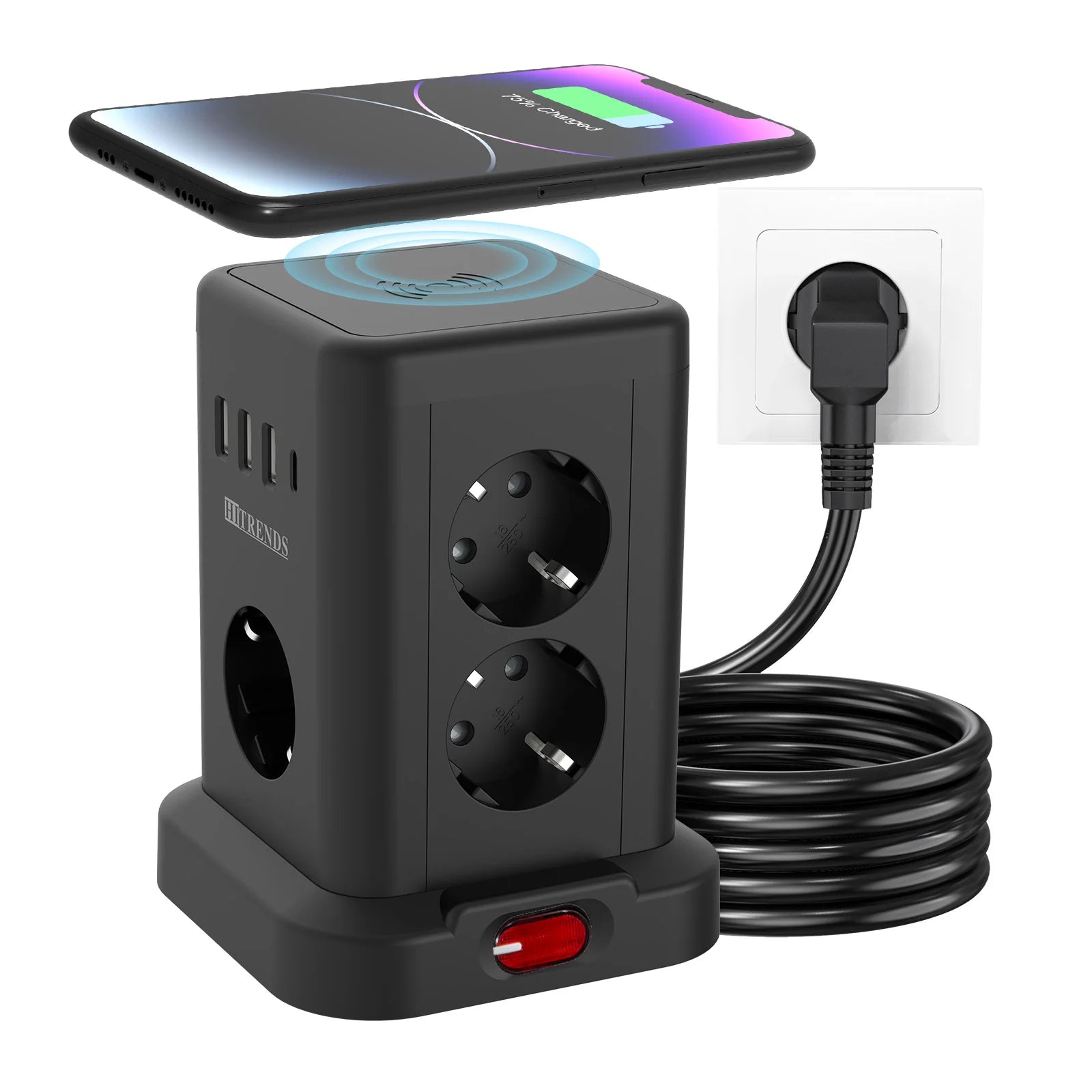 7/11AC EU plug Smart Power board with Wireless Charger 3 USB 1 Type c charging, 2m extension cable, Multiple Sockets for home