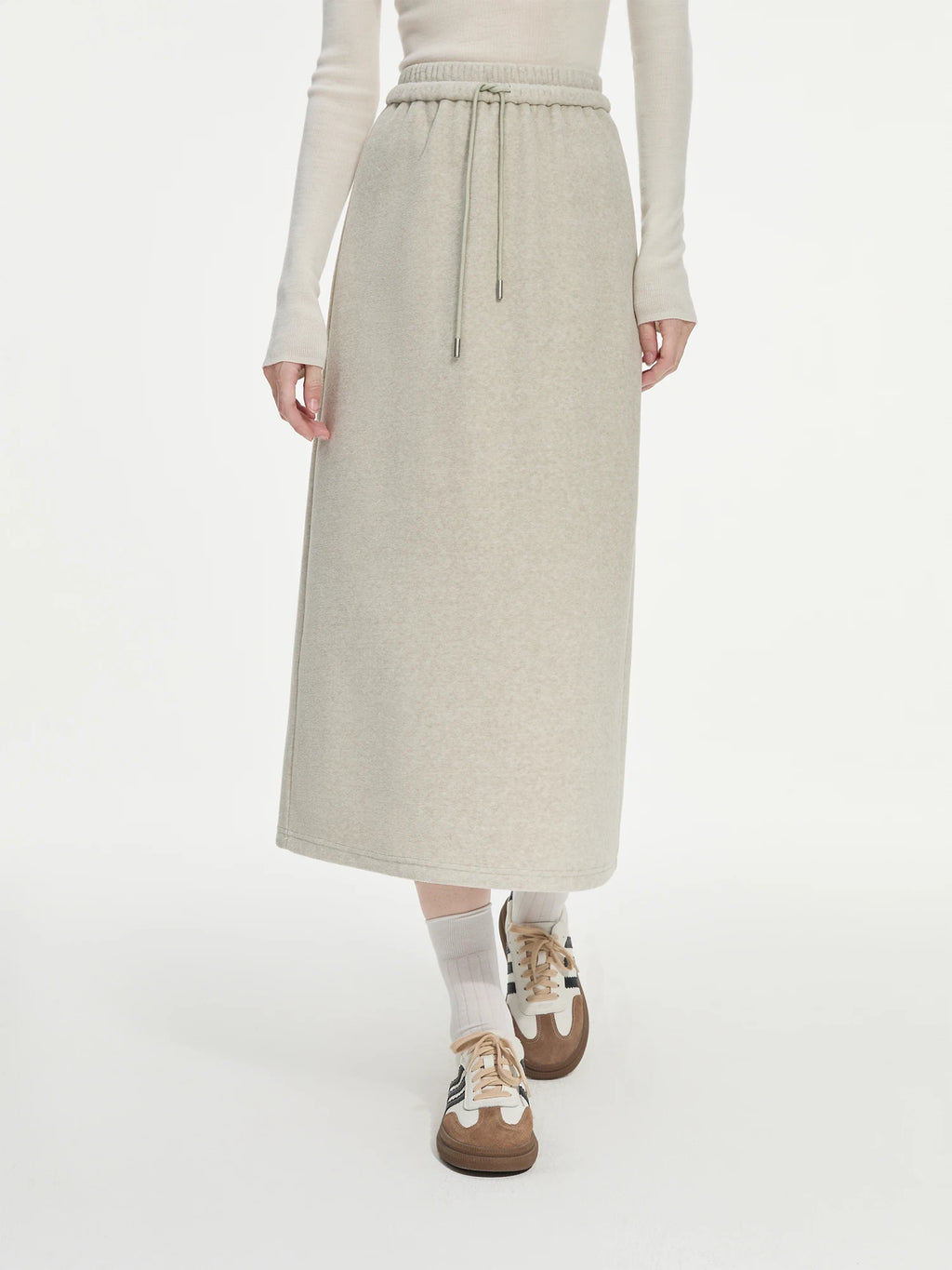 FSLE Women Sweatshirt Set Winter Thick Grey Commuter Sweatshirts Elastic Waist Long Spilt A-Line Women Skirt 24FS14491+24FS14492