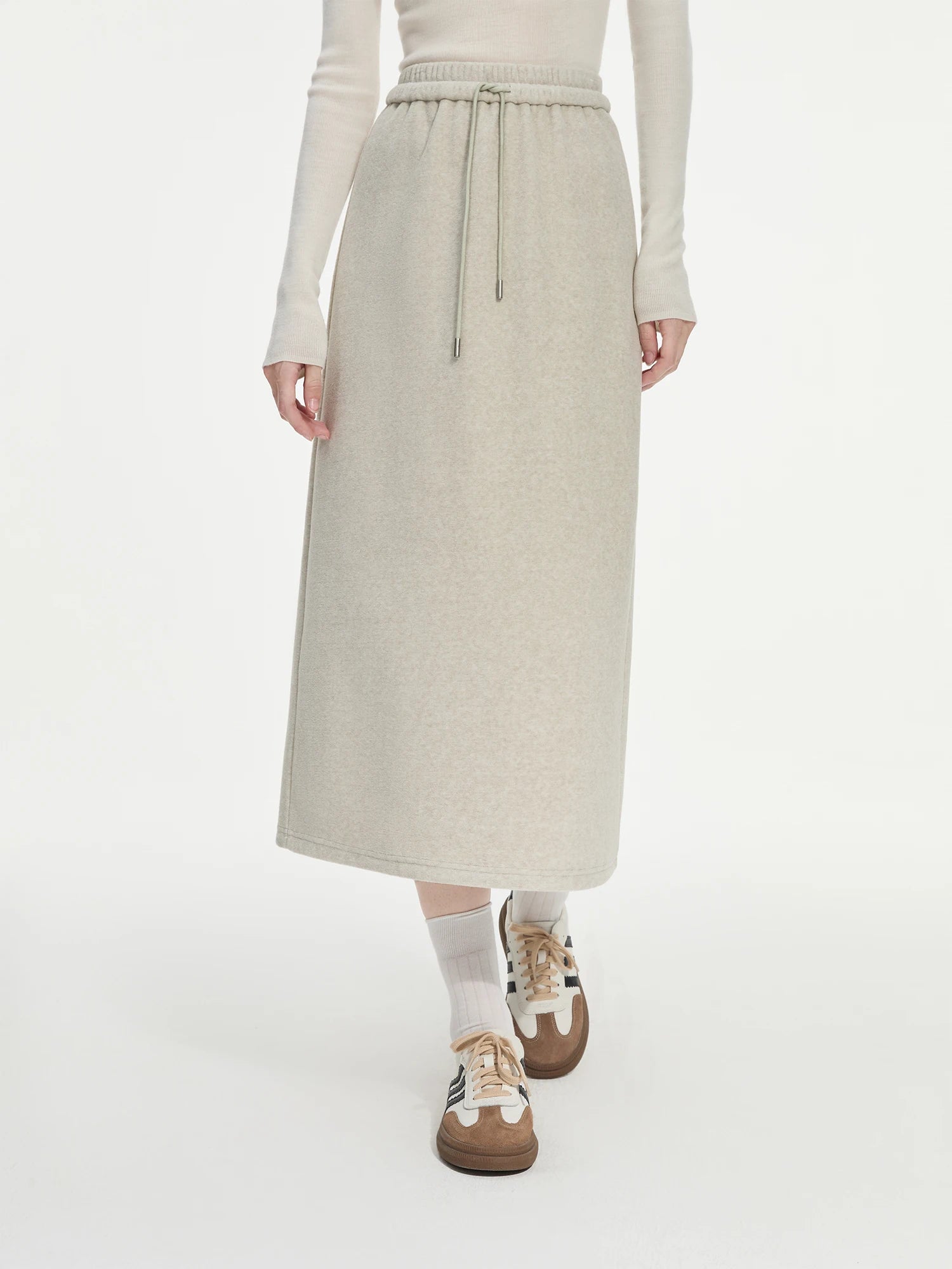 FSLE Women Sweatshirt Set Winter Thick Grey Commuter Sweatshirts Elastic Waist Long Spilt A-Line Women Skirt 24FS14491+24FS14492