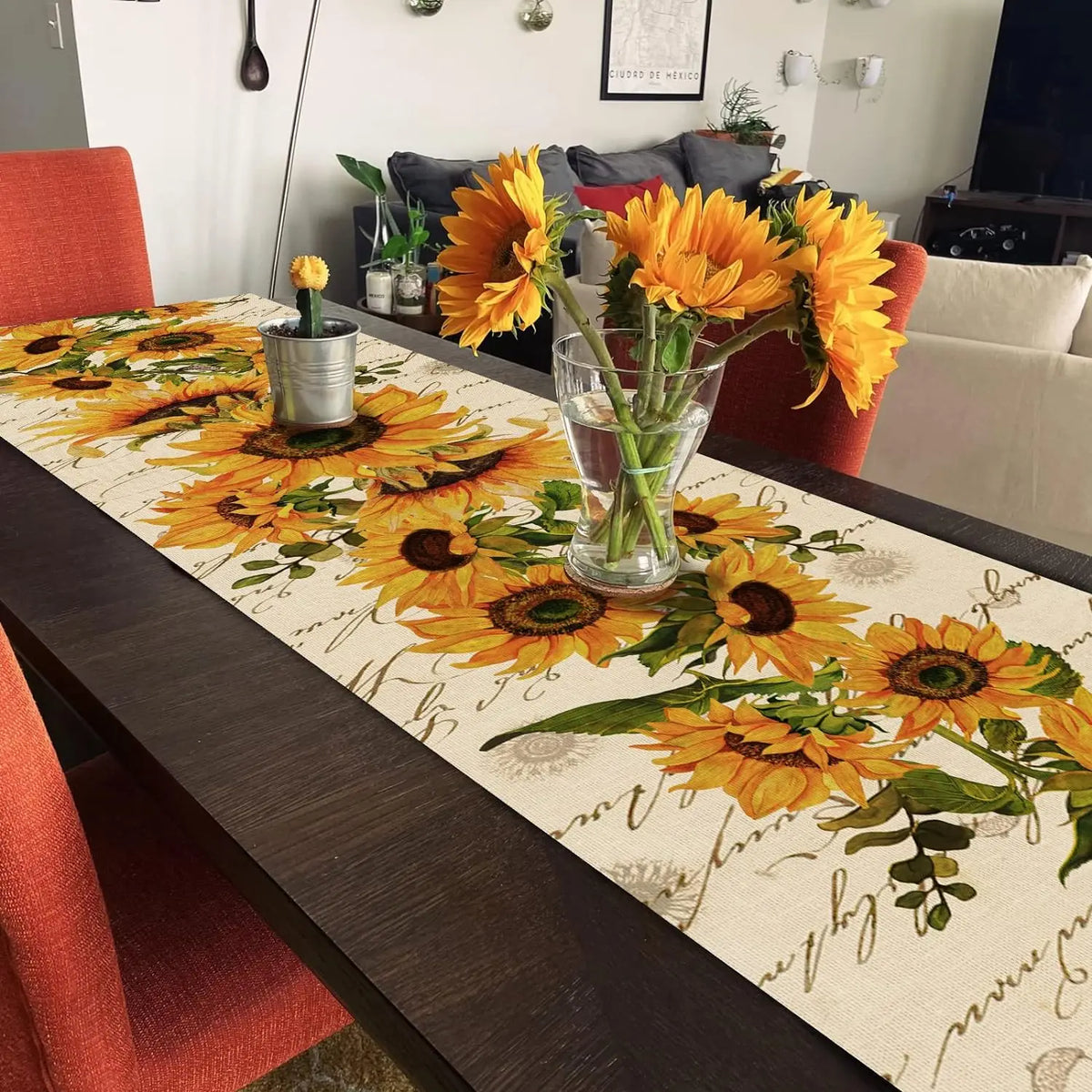 Spring Sunflowers Linen Table Runner Vintage Summer Floral Home Kitchen Dining Decor Seasonal Indoor Outdoor Holiday Party Decor