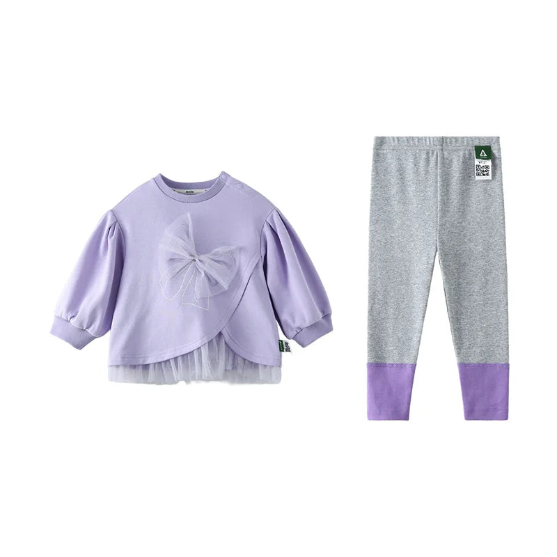 Amila Baby Set 2025 Spring New Solid Color Bow Solid Loose Sweatshirt Leggings Casual Soft Children's Two-Piece Set