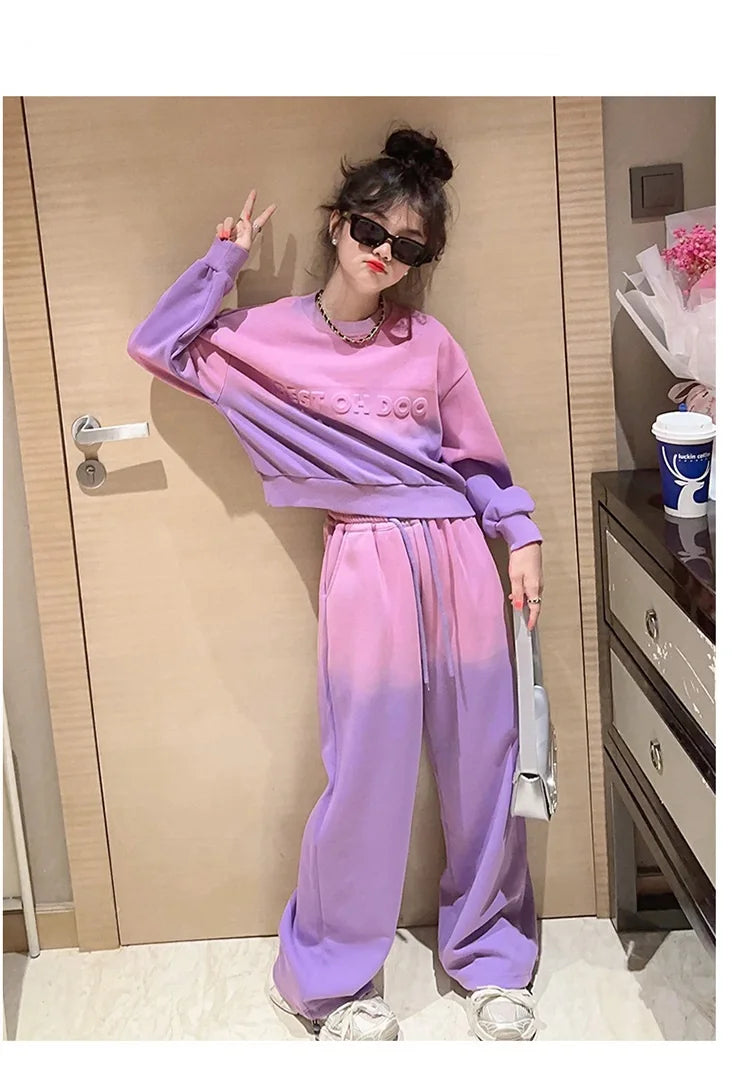 Girls Contrast Tie Dye Alphabet Sweatshirt+Drawstring Sweatpant Sets School Kids 2PCS Tracksuit Children Jogging Outfits 5-16 Yr