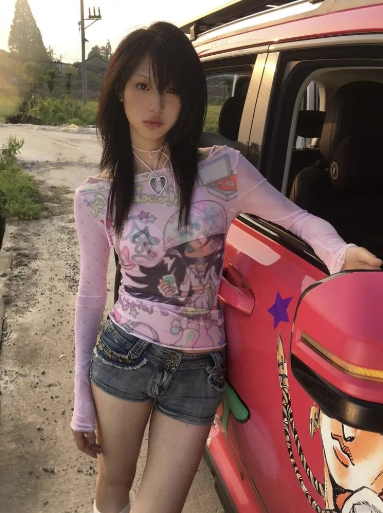 Summer Sun Protection Slash Neck Gauze Tshirts Women Y2k Aesthetic Cartoon Print Grunge Mesh Tops Harajuku Vintage Fairy Tees