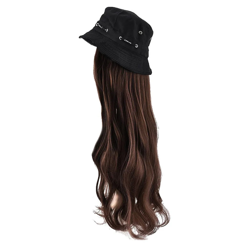 Bucket Hat Synthetic with Hair Cap Fashion Long Curly Hair Big