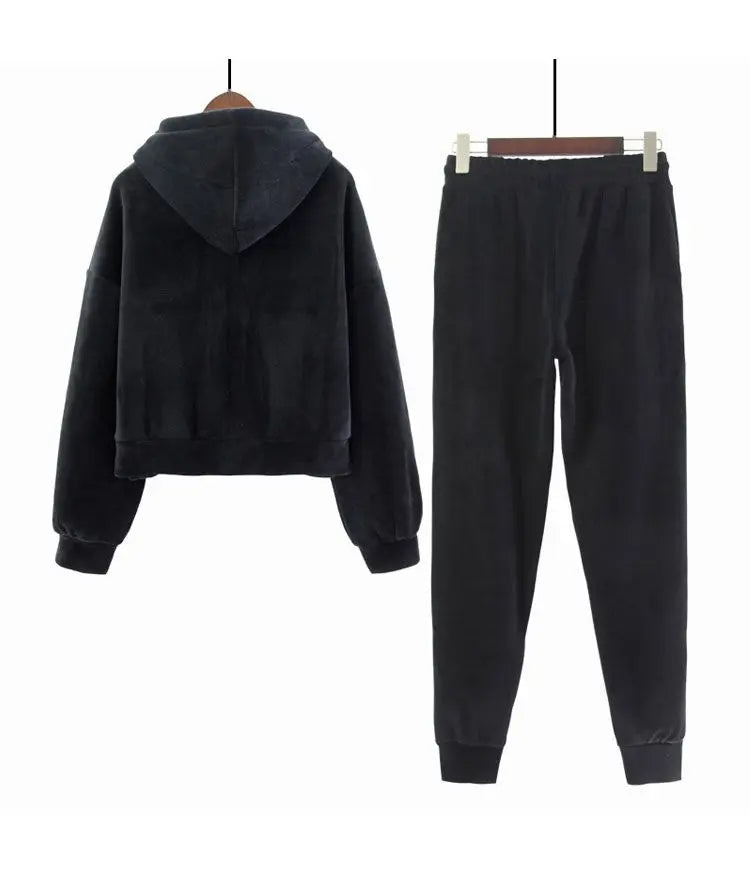 Thickened Gold Velvet Long Sleeved Hooded Sweatshirt with Lace Up Leg Ties Two Elegant Women's Pants Set Tracksuits