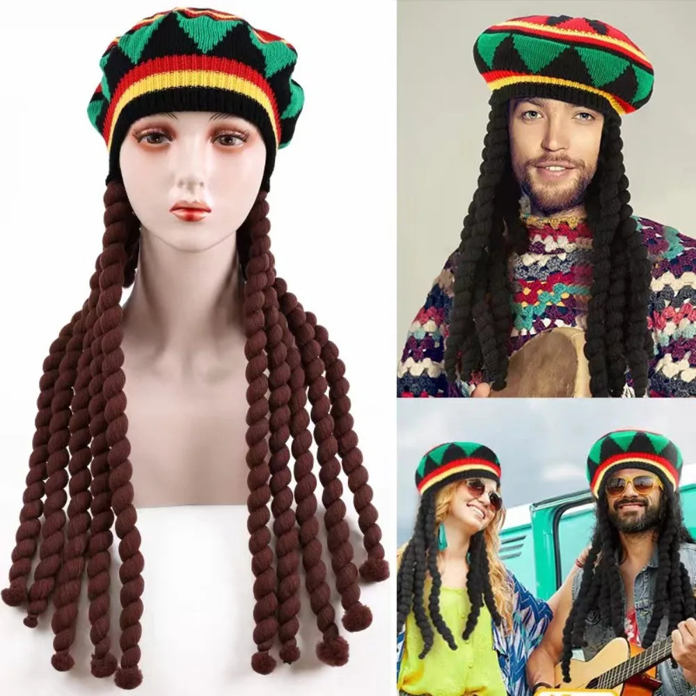 Unisex Dreadlocks Beanie Hat with Fake Braids Jamaican Rasta Reggae Cap Crochet Knitted Skull Cap for  Halloween Christmas Party