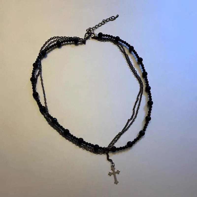 Gothic Punk Y2K Black Crystal Cross Pendant Necklace for Women