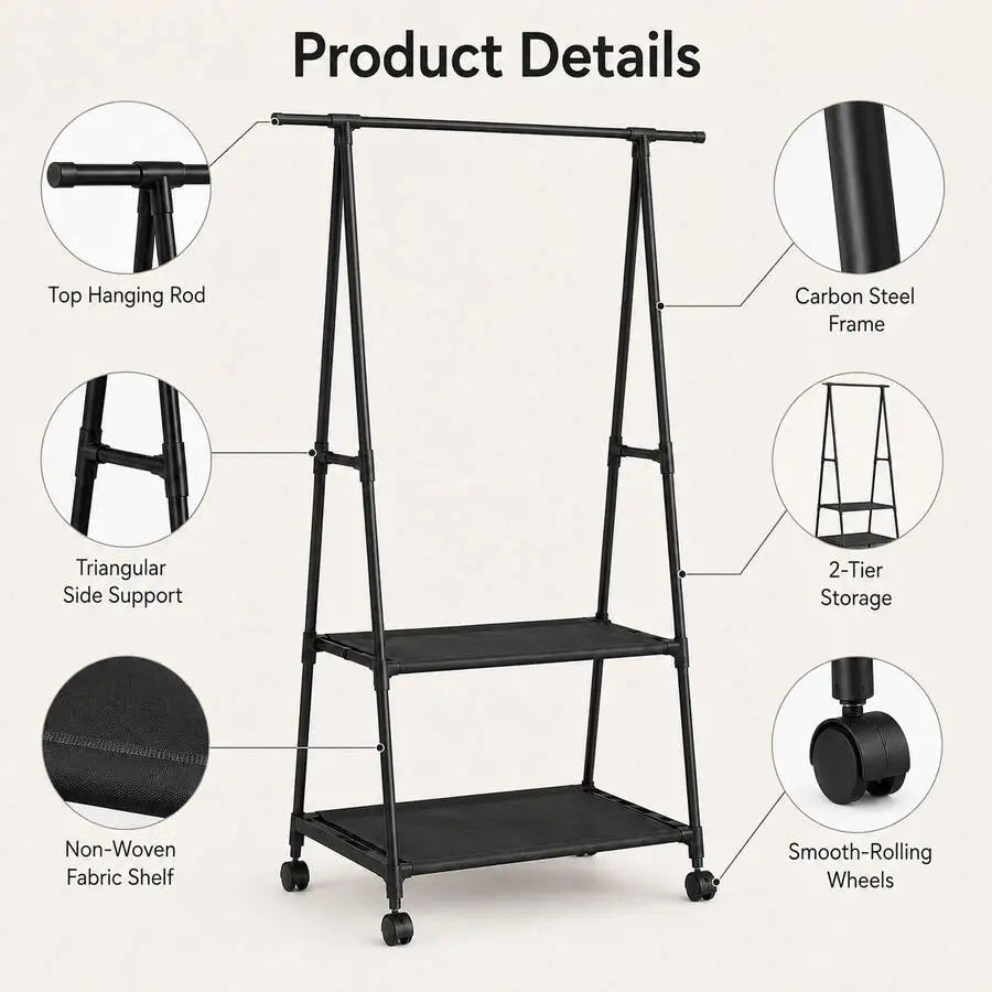 A-Frame Rolling Clothes Rack With 2 Storage Shelves